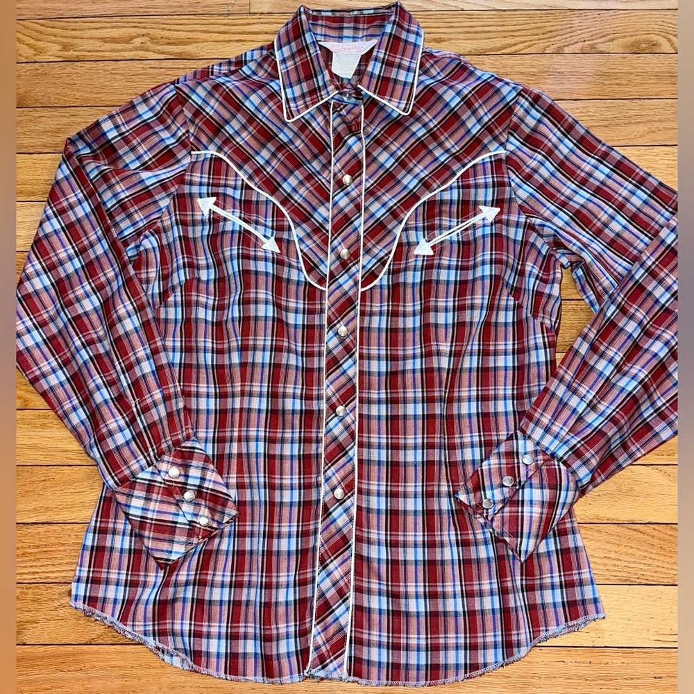 VINTAGE 1950 H BAR C Ranchwear RED Embroidered Plaid Pearl Snap Western Shirt 38 - Picture 1 of 8